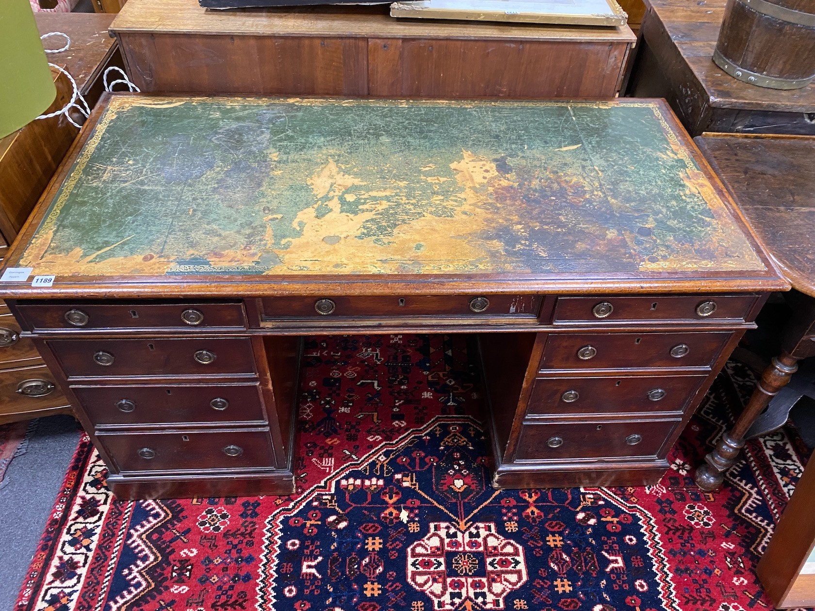 A Victorian mahogany pedestal desk, length 136cm, depth 67cm, height 73cm